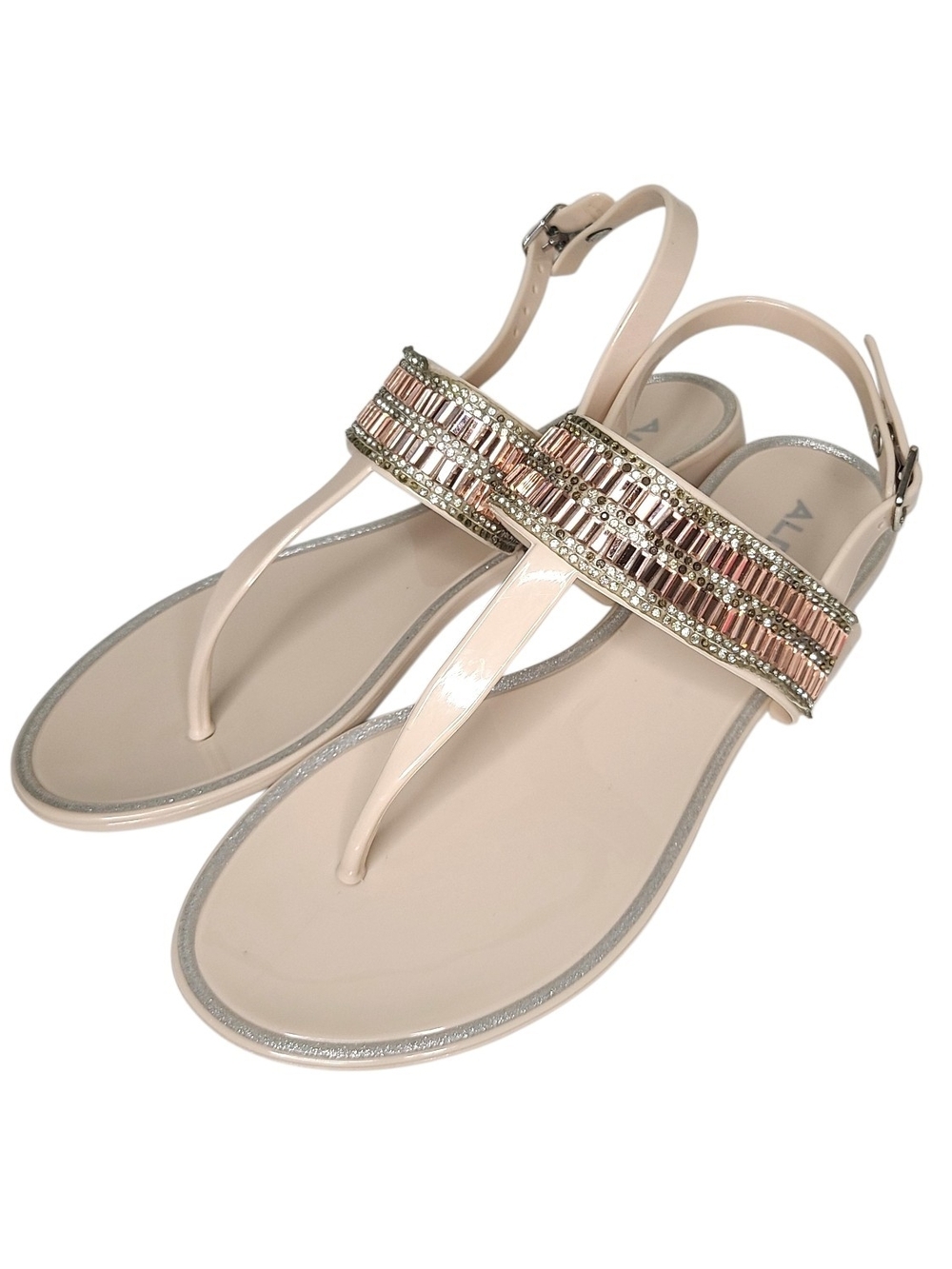 Aldo Nude Patent T-Strap Jelly Sandals with Rhinestones Metallic Trim